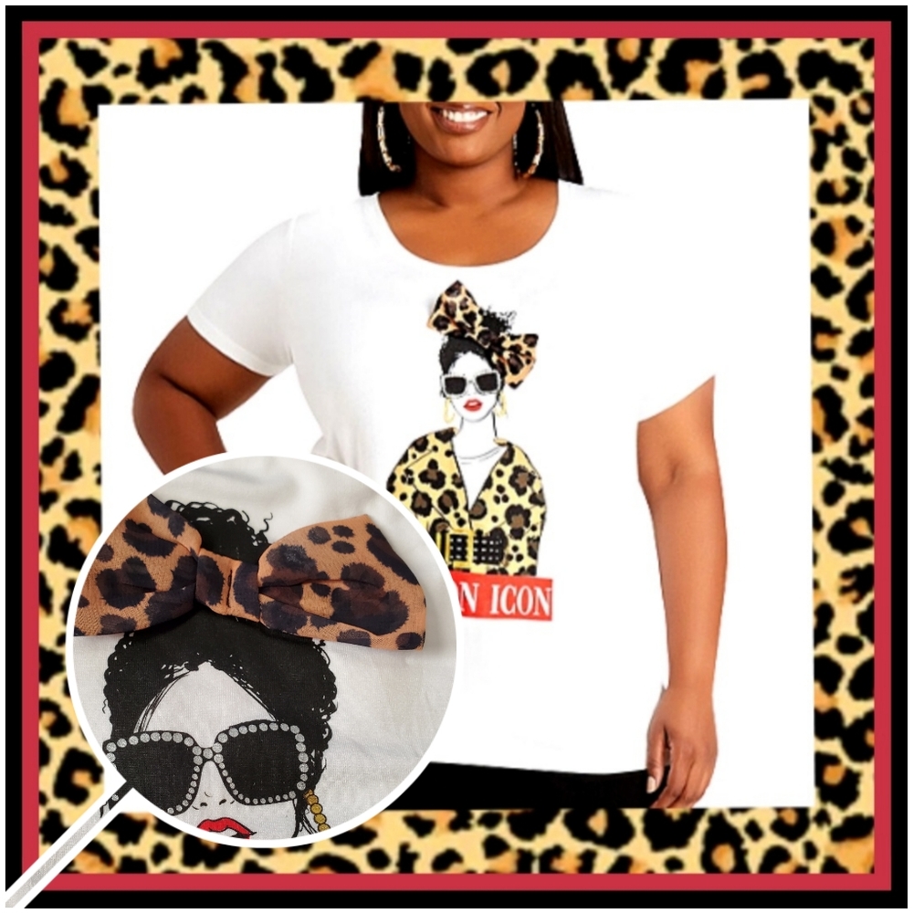 FASHION ICON ☆ LEOPARD FABRIC BOW ☆ GRAPHIC TEE ☆ NWT